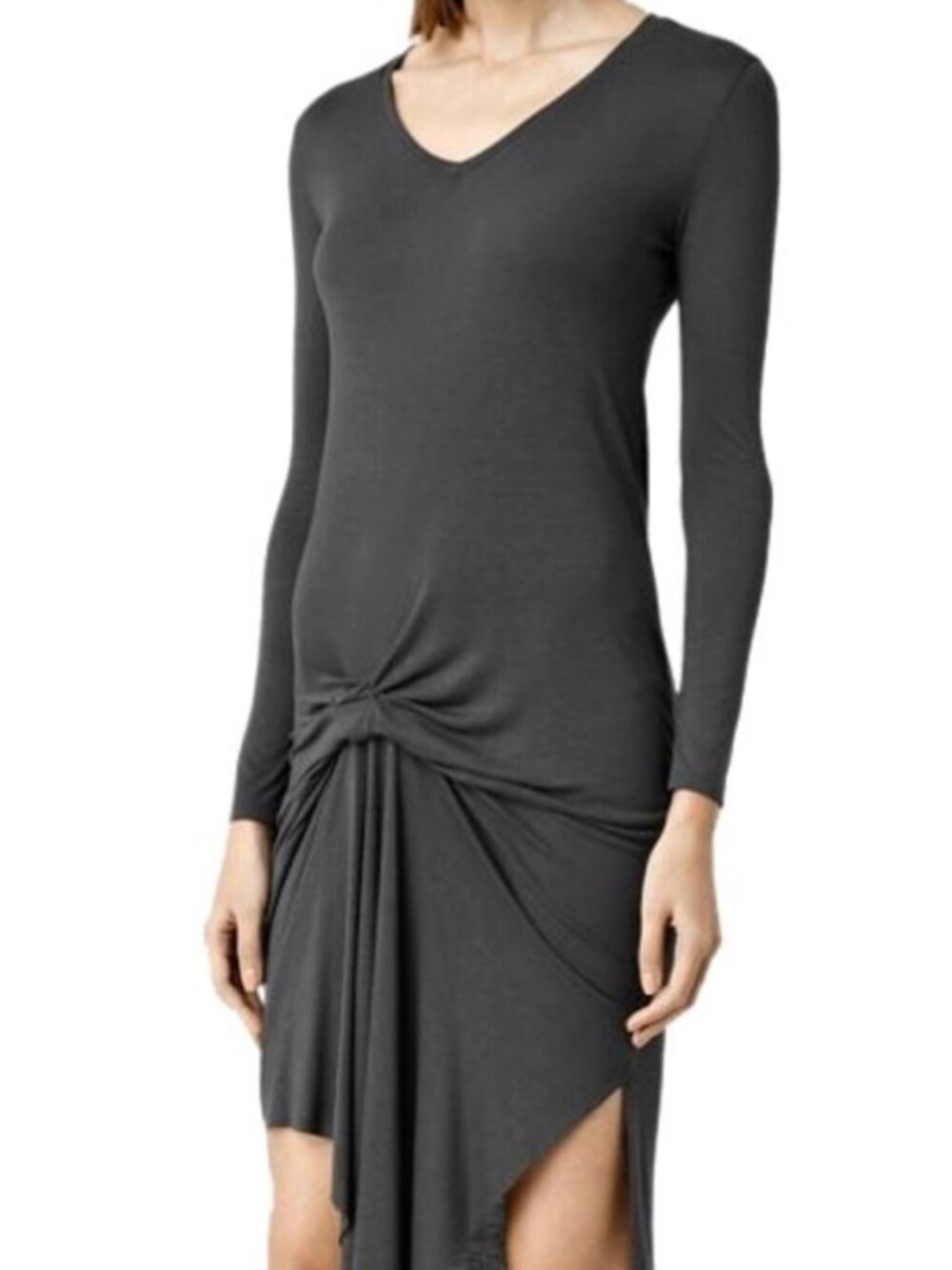 AllSaints Riviera Long Sleeve Asymmetrical Gathered Knot Midi Dress Gray, Small